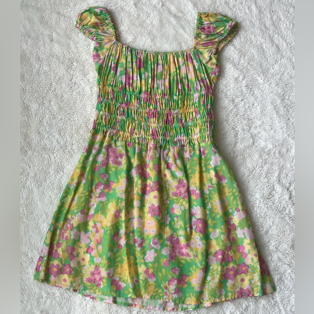 With Jean Dress - Green and Pink Floral